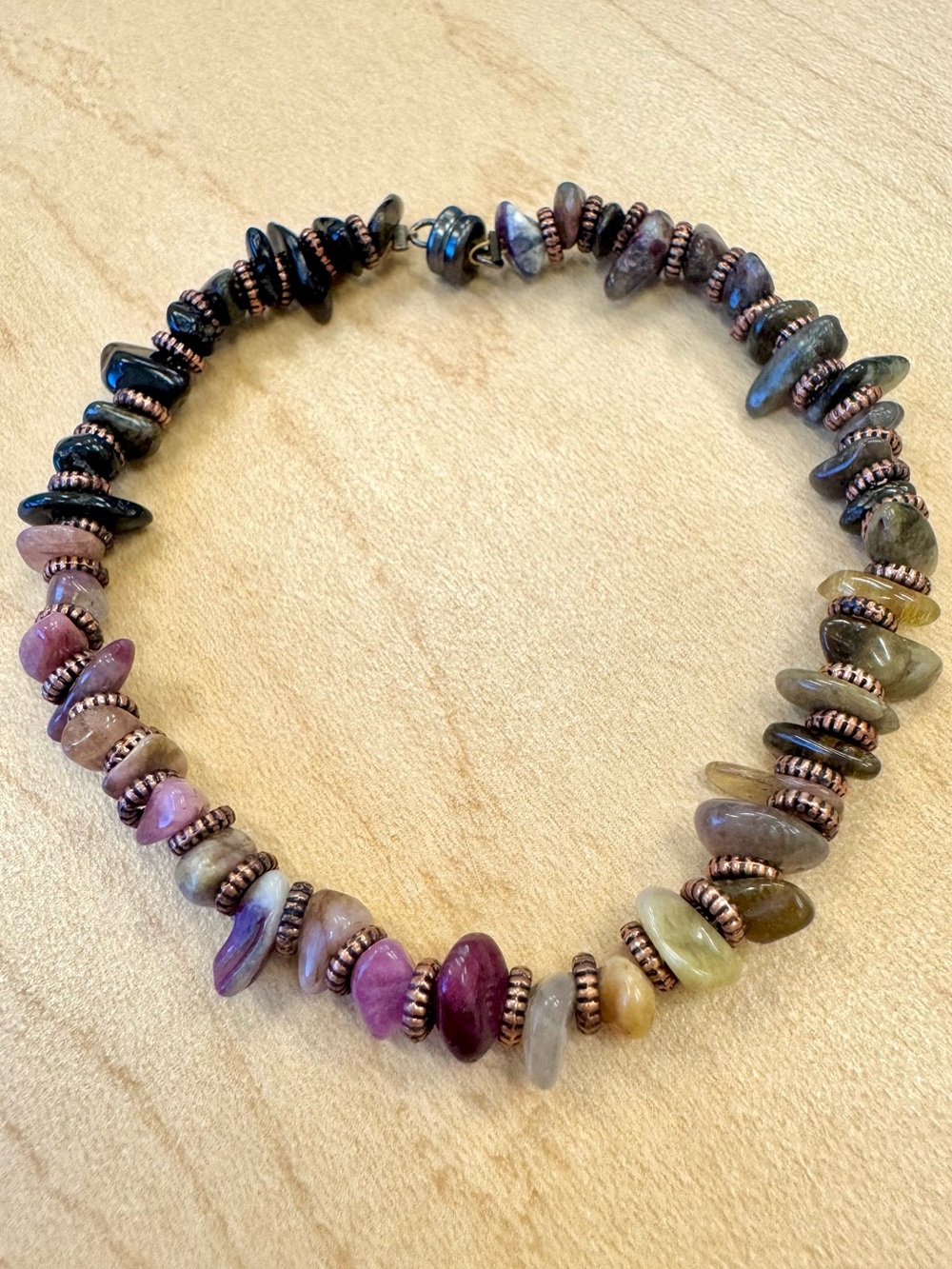 Handmade Multicolor Semi-Precious Tourmaline Chip Bracelet with Bronze Accents